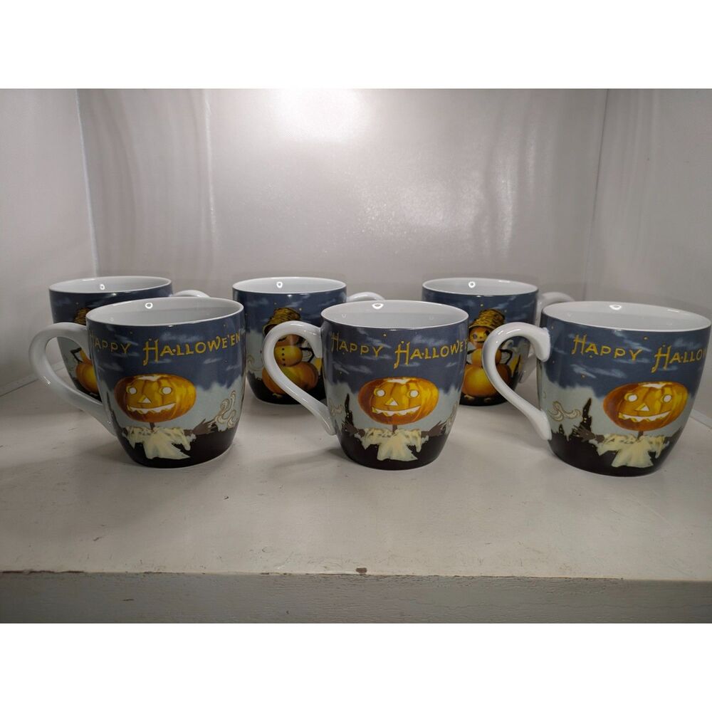 William Sonoma Halloween Mugs Pumpkin Snowman Set of 6